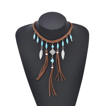Retro Brown Leather Rope Woven Indian Necklace Acrylic Bead Leather Tassel Choker Ethnic Tribal Statement Jewelry also in Red Beads
