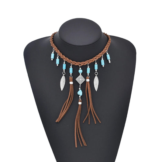 Retro Brown Leather Rope Woven Indian Necklace Acrylic Bead Leather Tassel Choker Ethnic Tribal Statement Jewelry also in Red Beads
