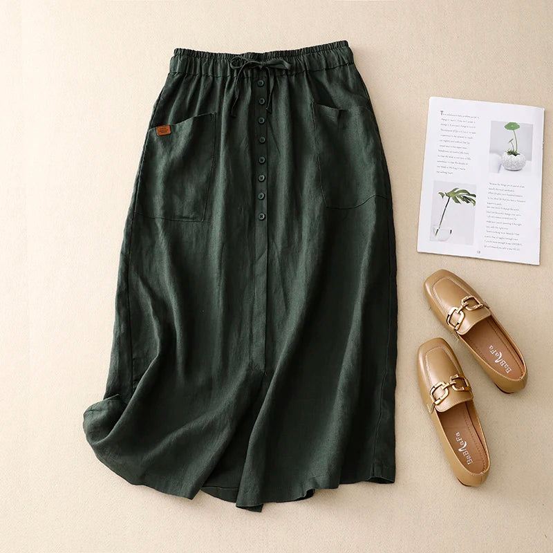 Retro Cotton Linen Elastic and Drawstring Waist Skirt, with Pockets