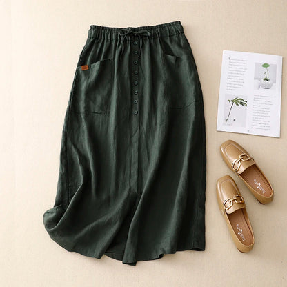 Retro Cotton Linen Elastic and Drawstring Waist Skirt, with Pockets