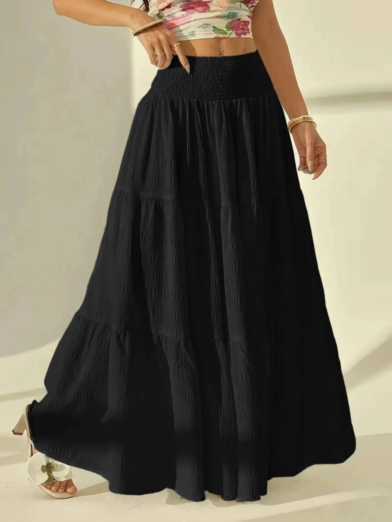 Sizes to 4XL   fashionable, layered long skirt ,solid-color, elastic waist , comes in Black and White