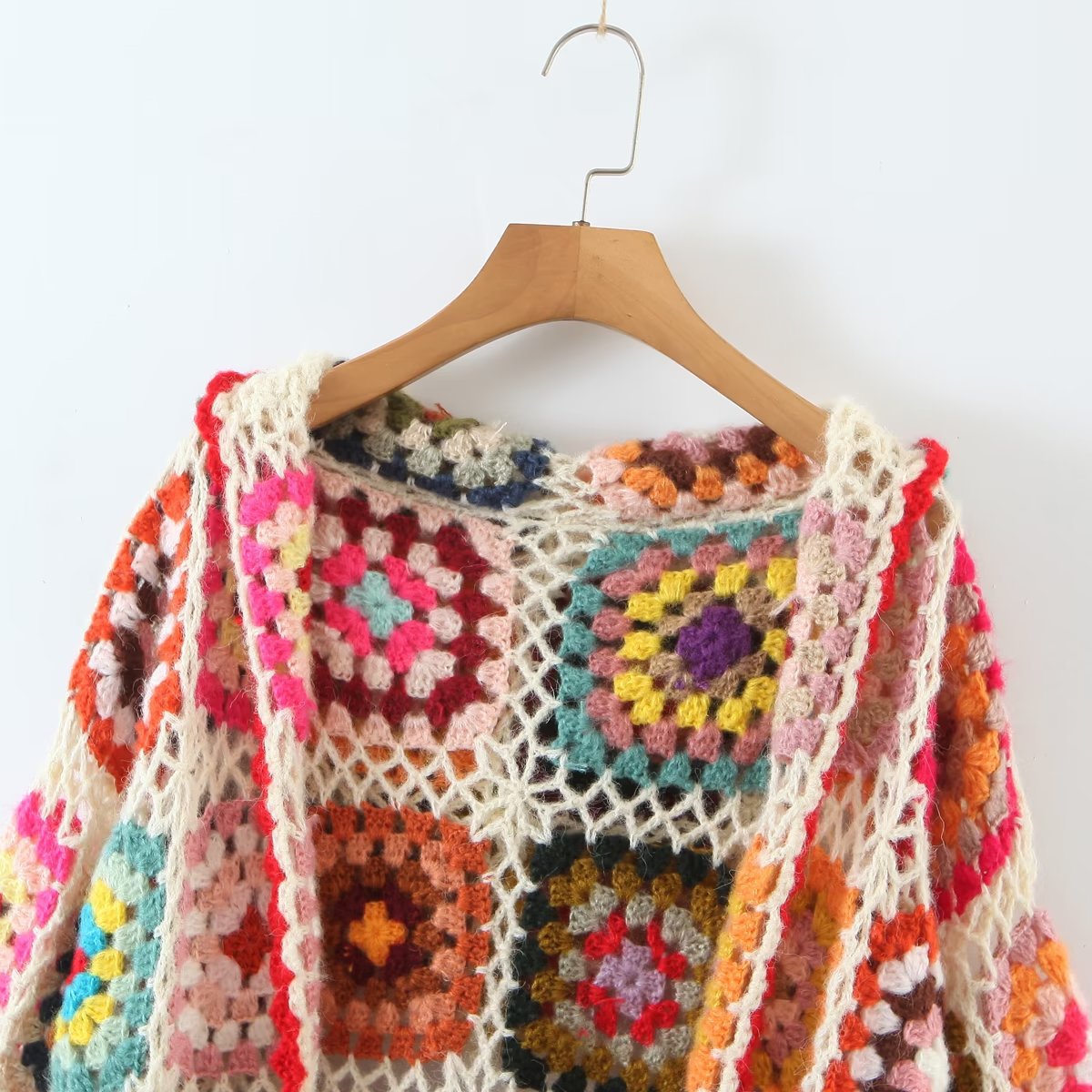 Boho hand-made crocheted cardigan, Square pattern, loose knitted cardigan, Hooded with long sleeves