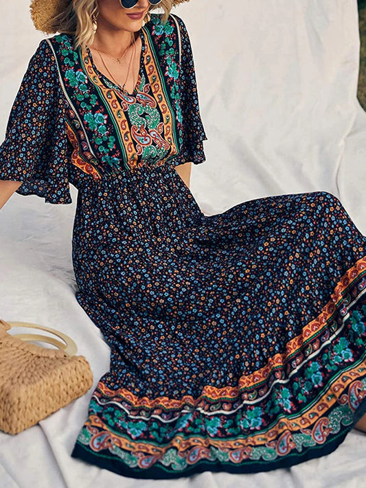 Maxi Length Boho Print Short Bell Sleeves V Neck High Waisted