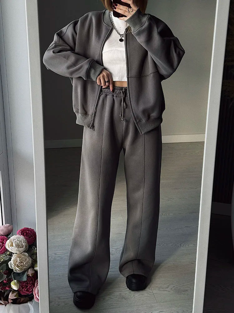 Warm 2 Piece Sweatsuits, Thick Fleece, Zipper Jacket, Batwing Sleeves, Clean Lines