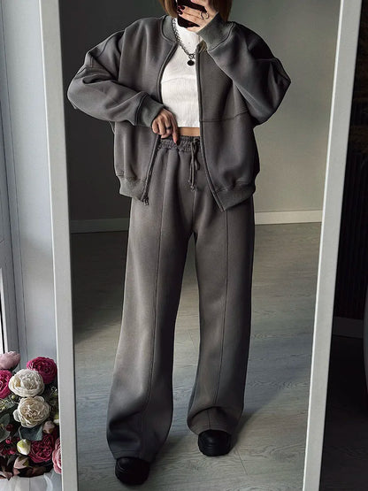Warm 2 Piece Sweatsuits, Thick Fleece, Zipper Jacket, Batwing Sleeves, Clean Lines