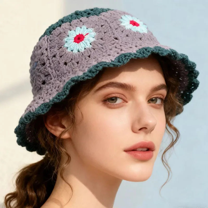 Crocheted Floral Bucket Breathable Boho 3D Flower Sun Hat
