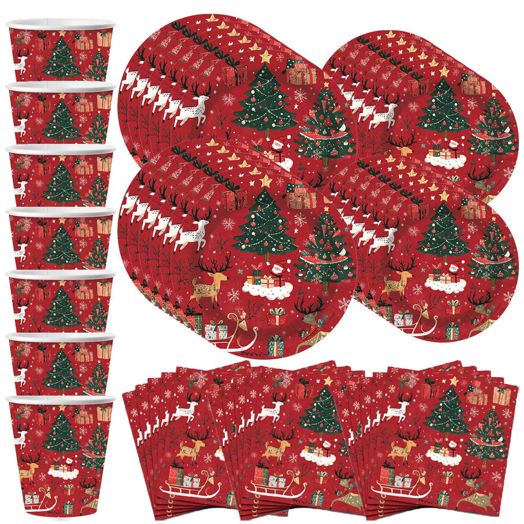 Christmas Reindeer and Trees Disposable Tableware Set, Plates, Cups, Straws, Napkins