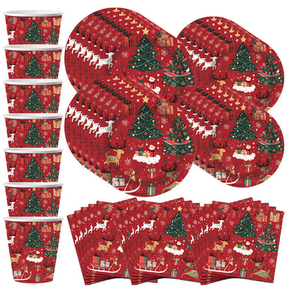 Christmas Reindeer and Trees Disposable Tableware Set, Plates, Cups, Straws, Napkins