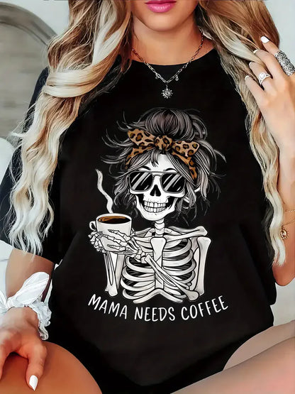 Vintage "Mama Needs Coffee" Casual Graphic Skeleton Short Sleeve T-Shirt