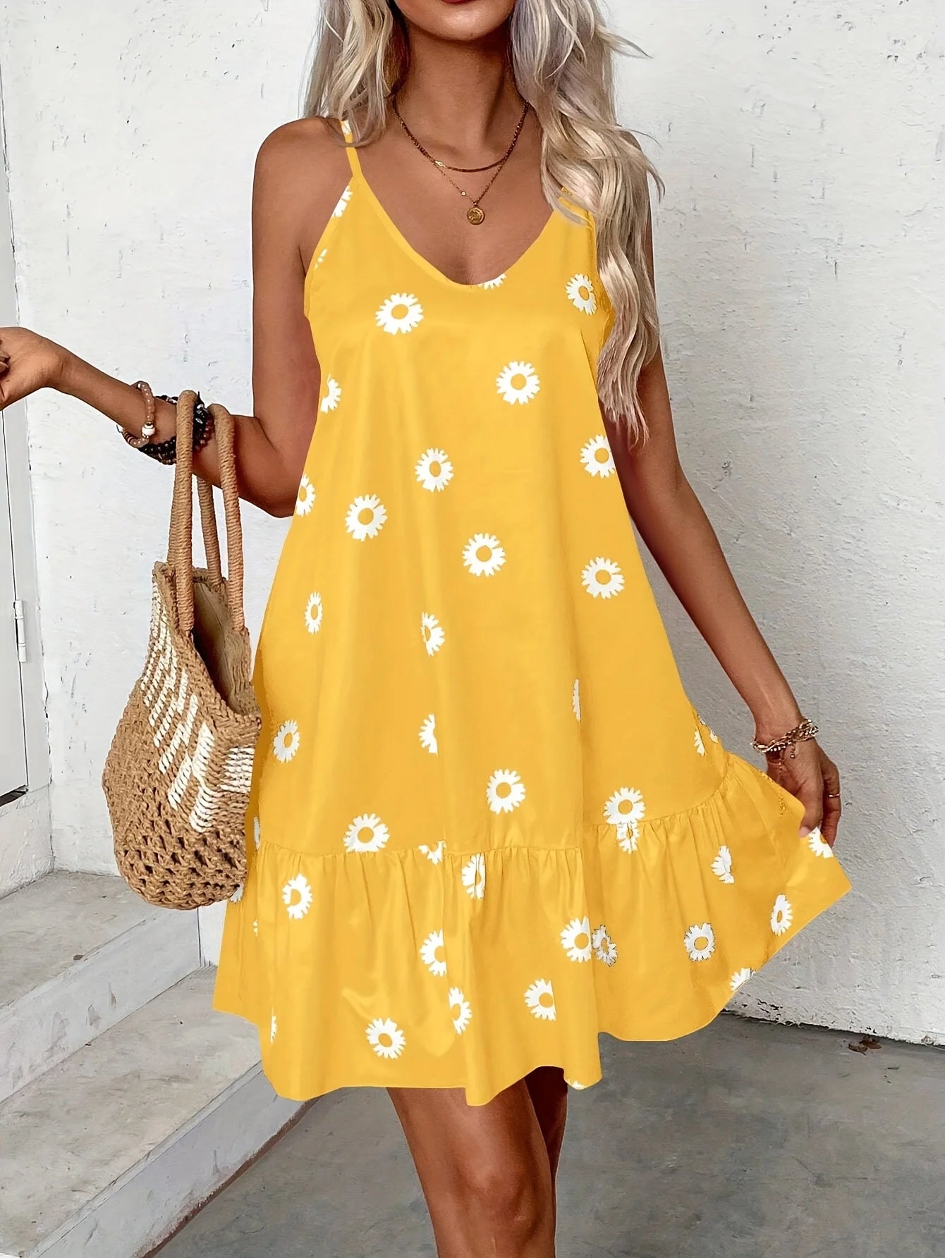 Plus sizes to 5XL sleeveless floral print dress, sun dress with ruffled hem, casual spaghetti straps, and v-neck