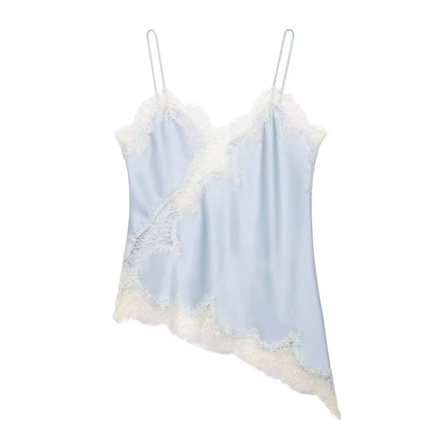 Polka Dot Sling Tops Asymmetric Hem Sleeveless V-Neck Lace Cami
