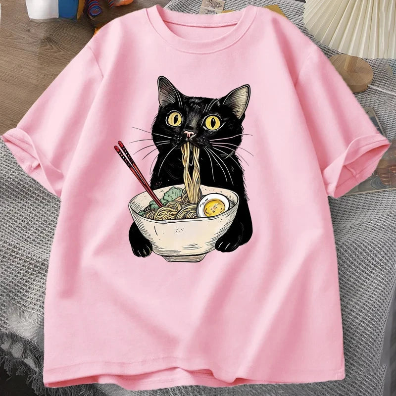 Sizes to 3XL T Shirts Black Cat Ramen Noodle T-Shirts Retro Casual Short Sleeve