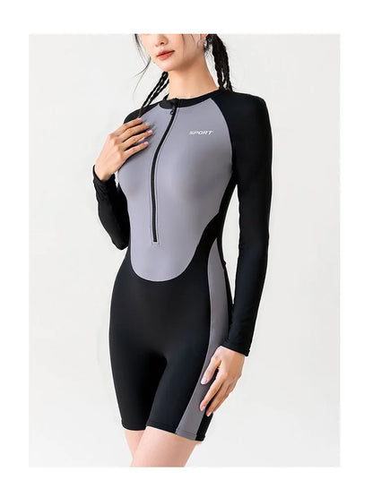 One Piece Front Zipper Boyleg Long Sleeve Swimsuit to 4XL
