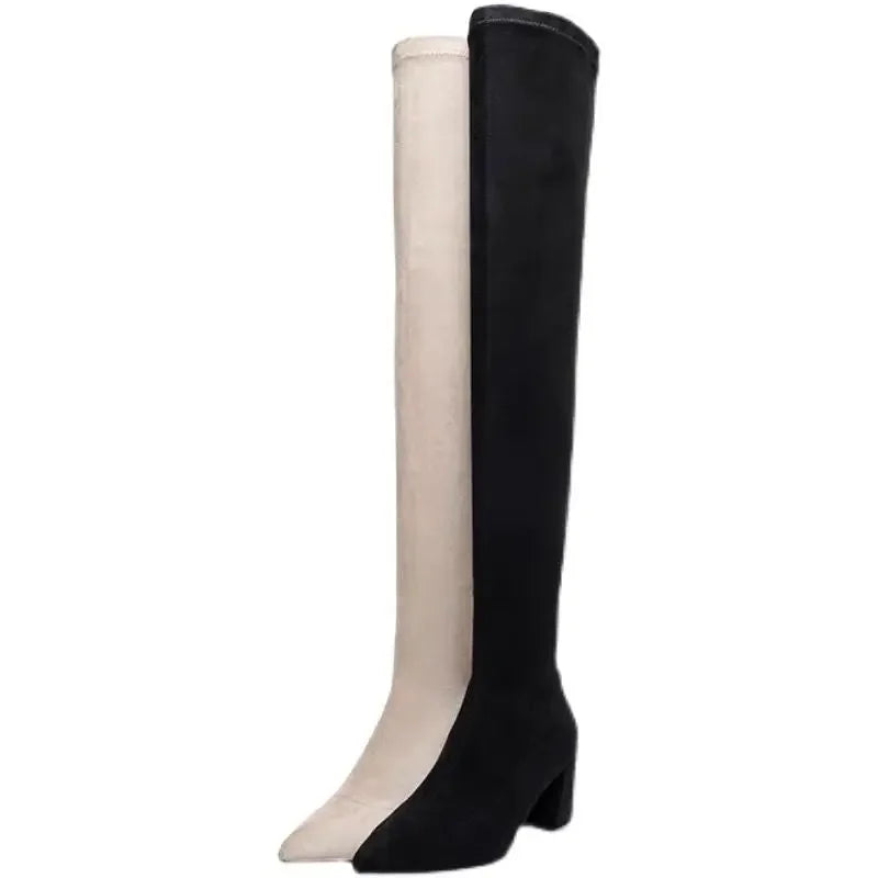 Sexy High Boots Over The Knee, Warm Boots, Suede Back Zipper, Square Heel