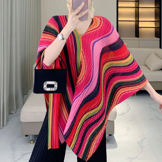 Pleated Striped Shawl, Fashionable Striped, Casual Outerwear, Versatile, Bat Sleeve Cape