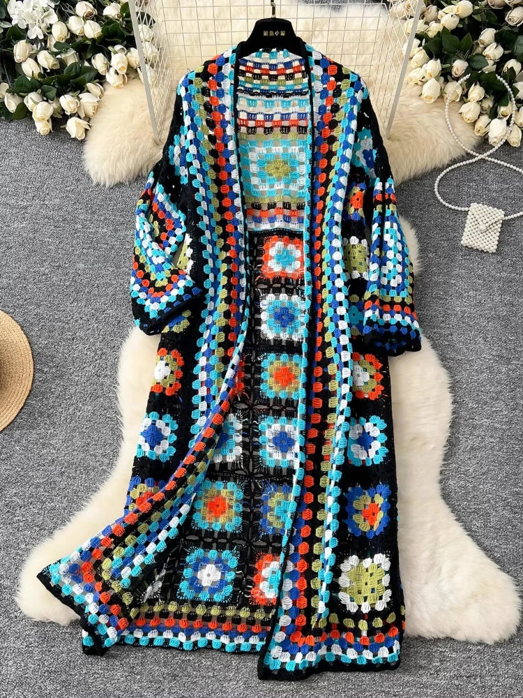 Boho Crocheted Knit Cardigan Midi Length