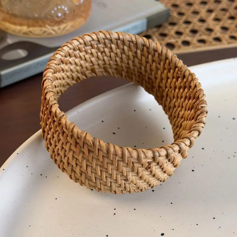 Boho Coffee Wood Bamboo Rattan Knit Wide Bracelets,  Hand-woven Wrapped Vintage Cuff Bracelets