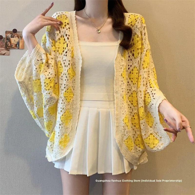 Bohemian Style Hollowed-out Long Sleeve Light Weight Sweater with V Neck and Batwing Sleeves