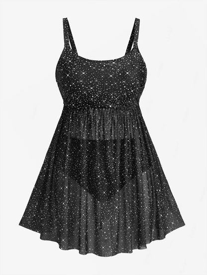 Sizes to 5XL Glitter  Star PRINT Tankini Swimsuit  2Piece with Adjustable Halter Straps and Natural Waisted Bottom
