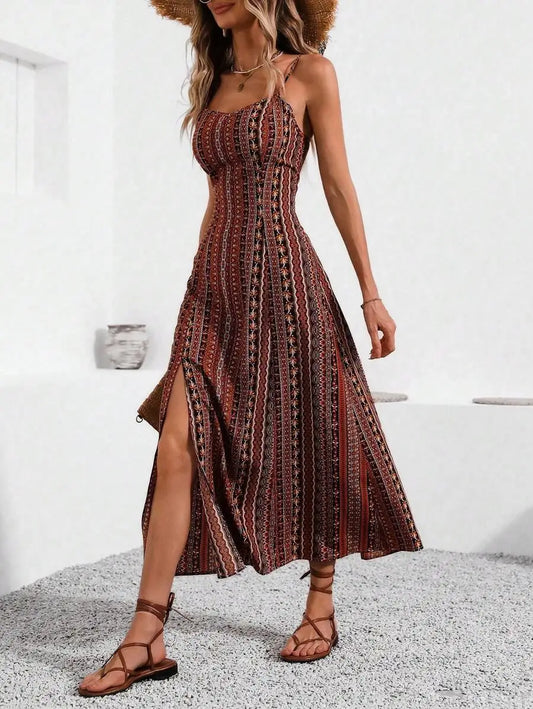 Boho Print Spaghetti Strap Maxi Dress with High Side Slit Sizes to XL