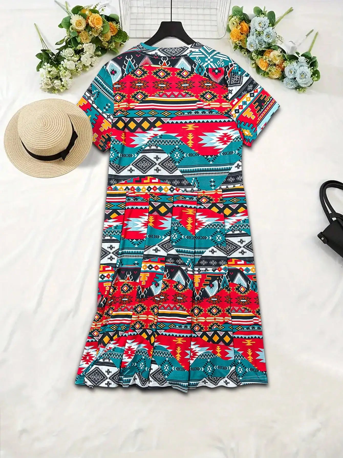 Short-Sleeve Round Neck Short Dress or Long Top Retro Ethnic Style