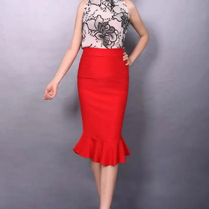 Sizes to 5XL High Waisted Stretchy One Step Pencil Skirt  with Ruffle Hem