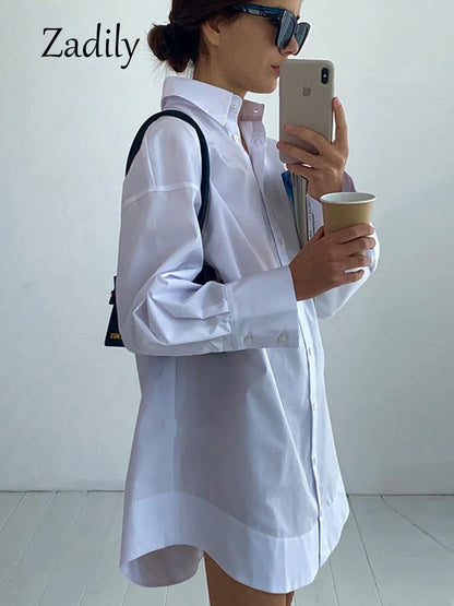 Minimalist White Long Oversized Full Sleeve Button-Up Blouse in Black and White
