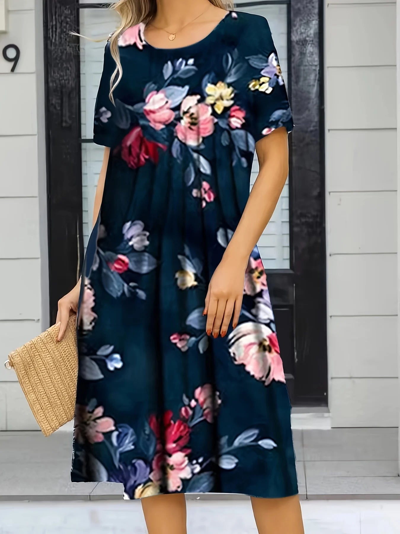 Loose Casual Floral Printed Dress with Pockets, Short Sleeves, and a Scoop Neck