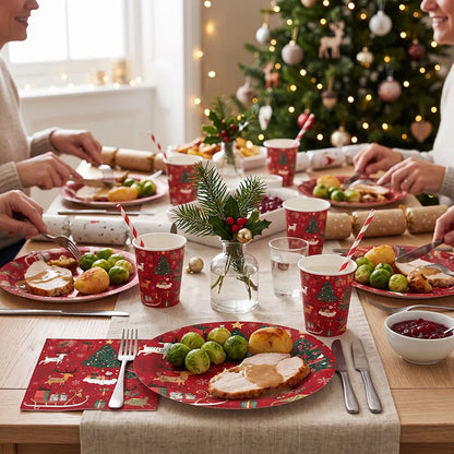 Christmas Reindeer and Trees Disposable Tableware Set, Plates, Cups, Straws, Napkins