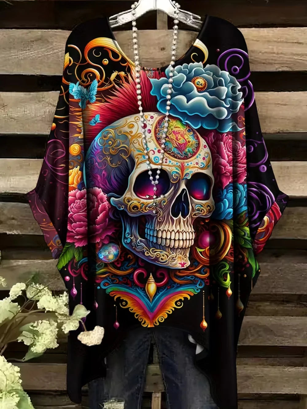 Sizes to 3XL Bohemian Skull Print Loose T-shirt Irregular Hemline O-Neck Short Sleeved Oversize Various designs