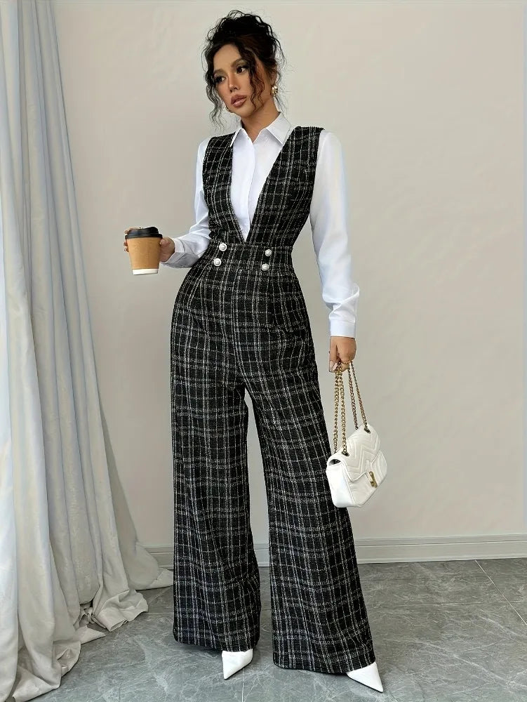High Waisted Wide Leg Plaid Tweed Jumpsuit Double Breasted attached Vest with Pearl Buttons