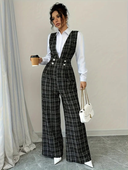 High Waisted Wide Leg Plaid Tweed Jumpsuit Double Breasted attached Vest with Pearl Buttons