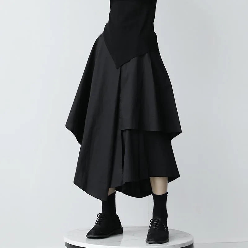 Boho Gothic Irregular Hem Coulottes Sizes to 2XL High Waist White or Black Long Skirts in Brown, Black, and White