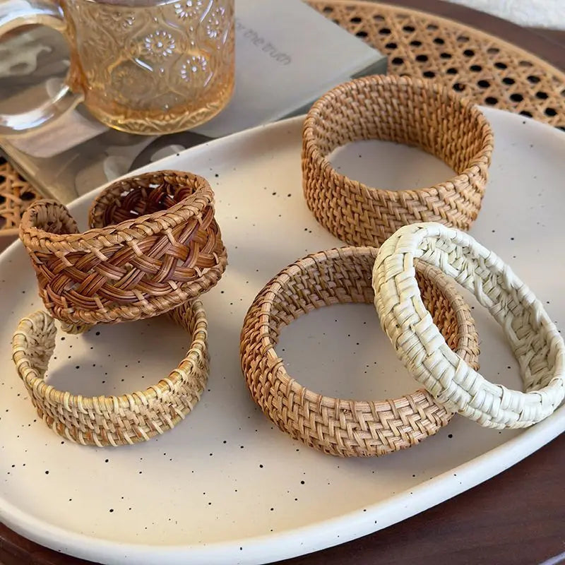 Boho Coffee Wood Bamboo Rattan Knit Wide Bracelets,  Hand-woven Wrapped Vintage Cuff Bracelets