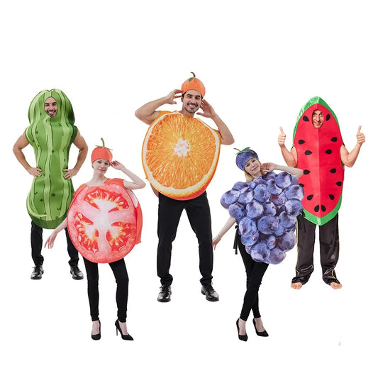 Halloween Funny Cosplay Fruit and Vegetable Costumes, also including grapes, hot pepper, tomato, avocado, and peas!