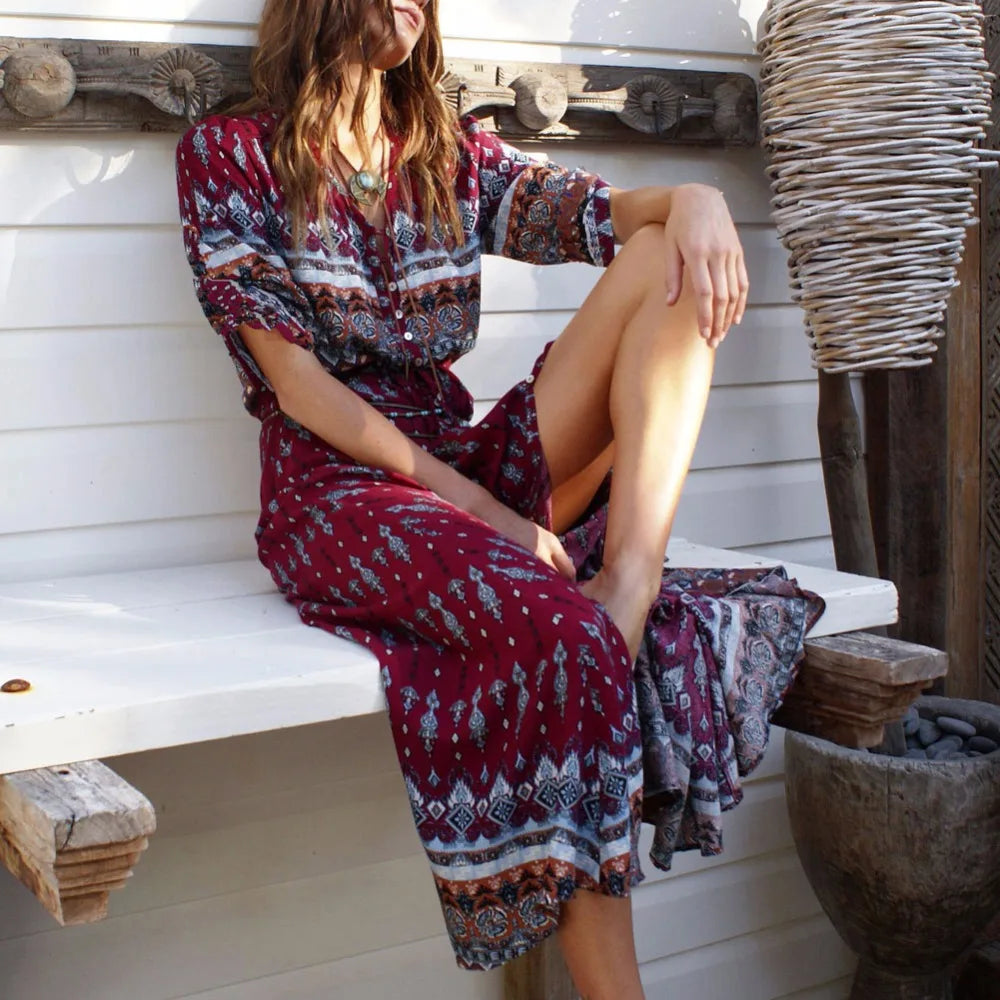 Long Maxi Dresses Bohemian Dress, 3/4 length sleeves, front slit,  Also in turquoise