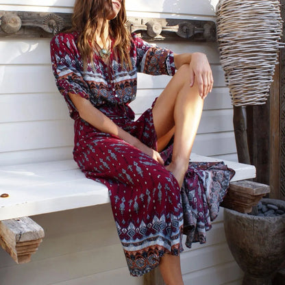 Long Maxi Dresses Bohemian Dress, 3/4 length sleeves, front slit,  Also in turquoise