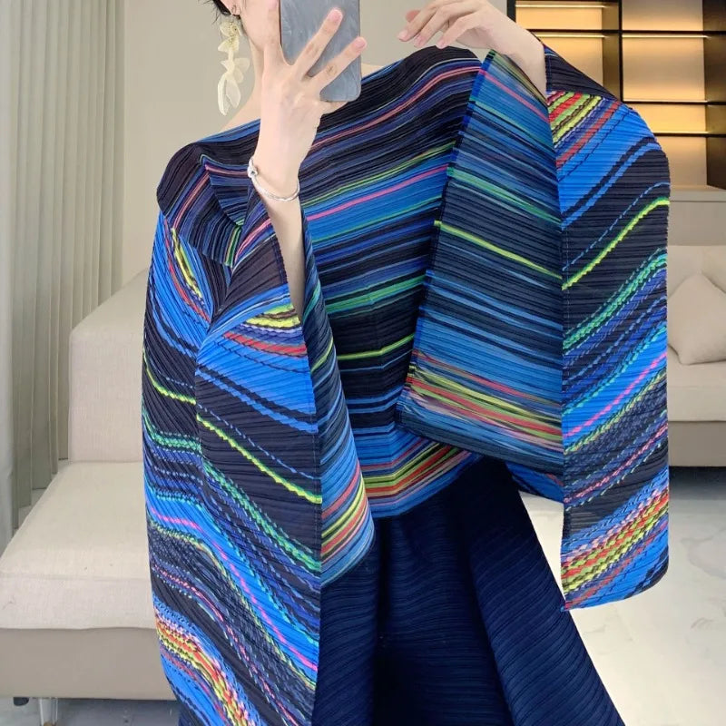 Pleated Striped Shawl, Fashionable Striped, Casual Outerwear, Versatile, Bat Sleeve Cape