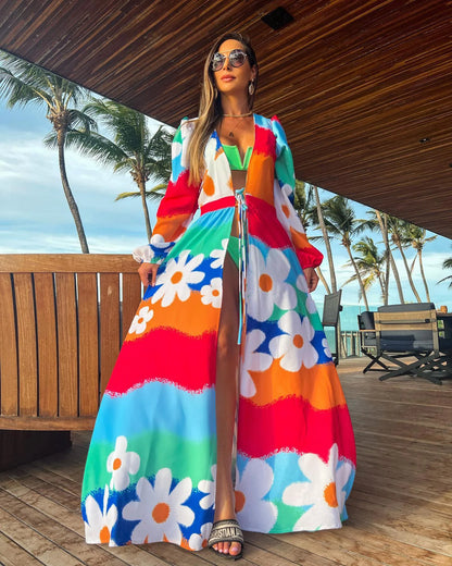 Chiffon Tie Robe with Large Swing Ruffles and Puff Sleeves