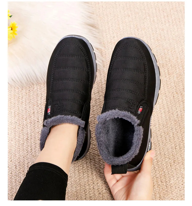 Waterproof Plush, Warm Ankle Snow Boots in Red, Black, Blue, Green, and Tan.