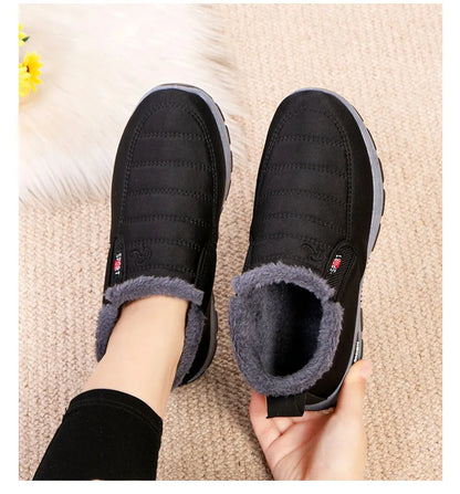 Waterproof Plush, Warm Ankle Snow Boots in Red, Black, Blue, Green, and Tan.