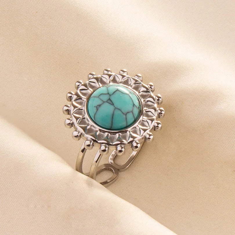 1pc Boho Turquoise Ring Stainless Steel Light Blue Gemstone Silver Adjustable Ring