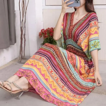 Bohemian Dress, Striped Colorful Flower Print, V-Neck, Elastic Waist, Large Swing Skirt, Batwing Sleeves