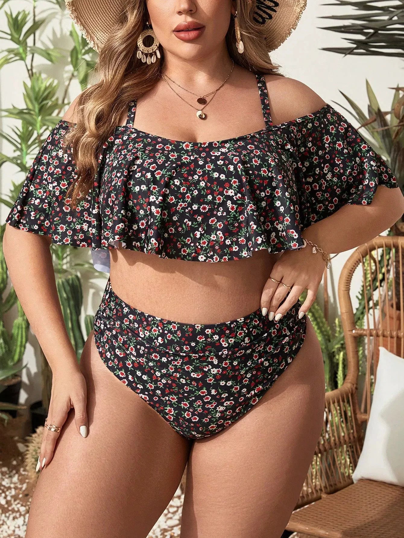 Sizes to 4XL, Two Piece Sets, Adjustable Spaghetti Straps, Ruffled Top Cover