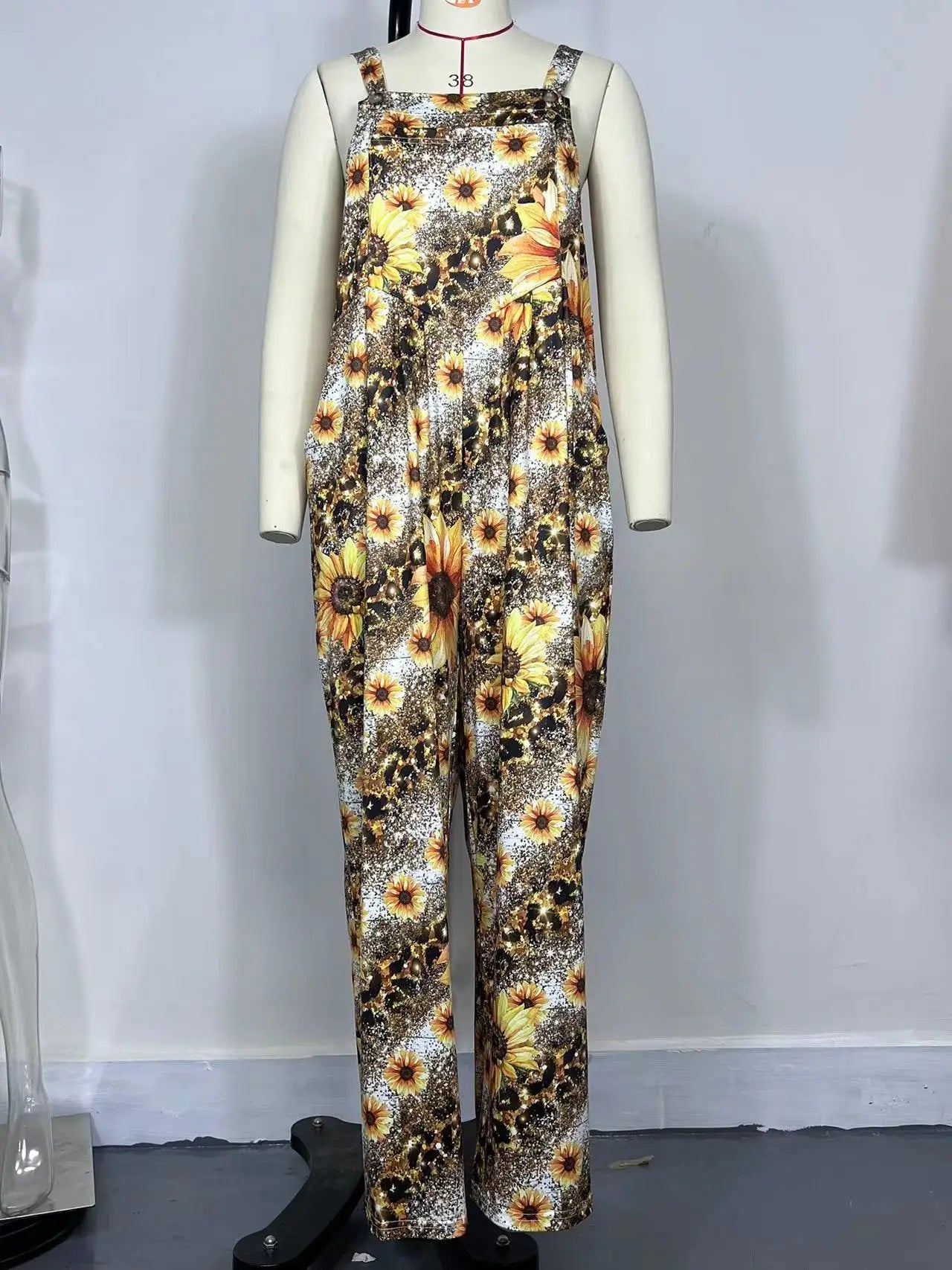 Sizes to 5XL   Square Neck Flower Print Sling jumpsuit with Pockets