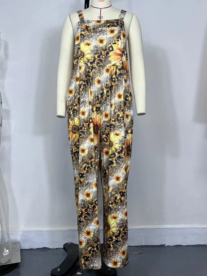 Sizes to 5XL   Square Neck Flower Print Sling jumpsuit with Pockets