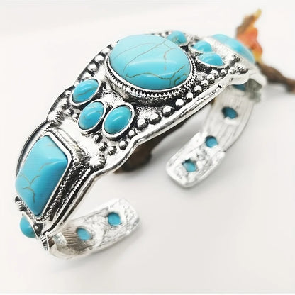 Vintage Bohemian Jewelry Cuff Bracelet with Faux Turquoise Opening Adjustable