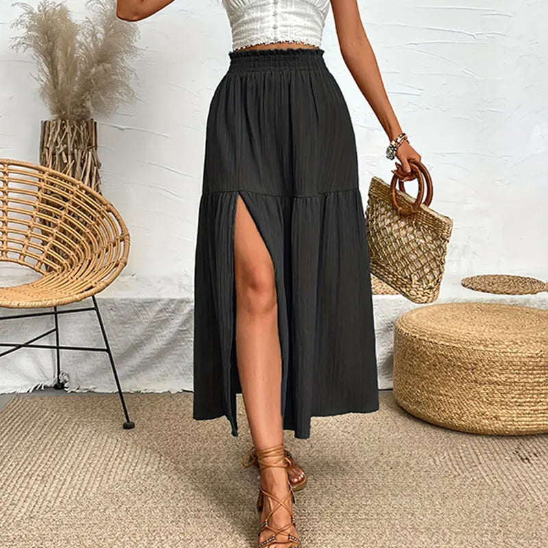 Bohemian Midi Skirt, High Waisted, Solid Colors, Casual with Side Slit, 3 Colors