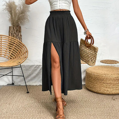 Bohemian Midi Skirt, High Waisted, Solid Colors, Casual with Side Slit, 3 Colors