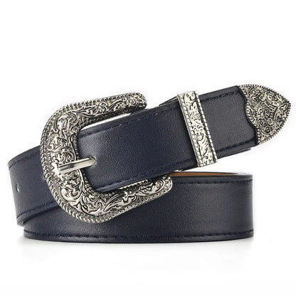 Vintage Carved Needle Buckle Belt PU Leather Belt